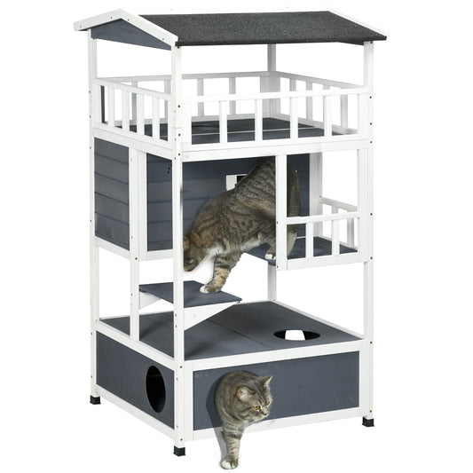 Wooden Outdoor Cat House Feral Cat Shelter Kitten Tree with Asphalt Roof Escape Doors Condo Jumping Platform Grey