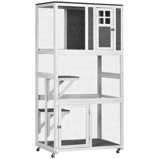 74inches Wooden Outdoor Cat House Weatherproof & Wheeled Catio Outdoor Cat Enclosure with High Weight Capacity Kitten Cage Condo Gray