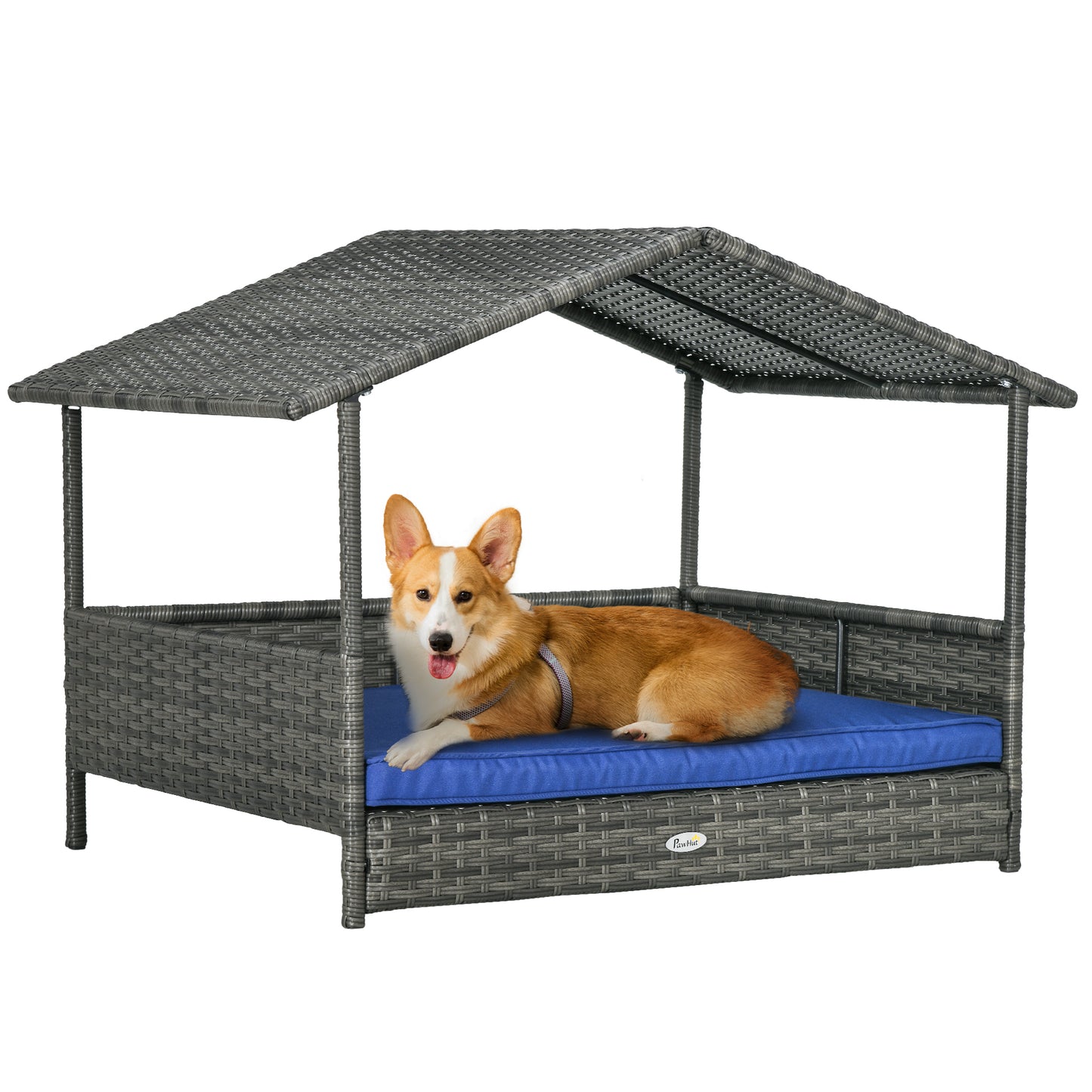 Wicker Dog House Outdoor with Canopy Rattan Dog Bed with Water-resistant Cushion for Small and Medium Dogs Dark Blue