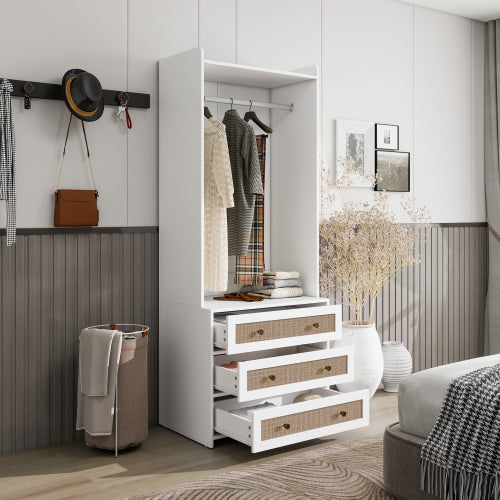 Wardrobe with 3 Drawers High Wardrobe Armoire With Rattan