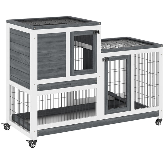 Wooden Rabbit Hutch Elevated Bunny Cage Indoor Small Animal Habitat with Enclosed Run with Wheels, Ramp, Removable Tray Ideal for Guinea Pigs, Grey