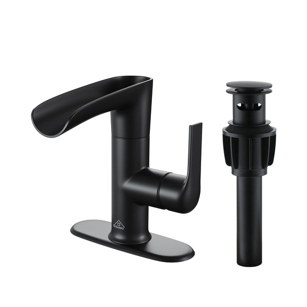 Single Handle Single Hole Bathroom Vanity Sink Waterfall Spout Bathroom Faucet with Filter Particles in Matte Black