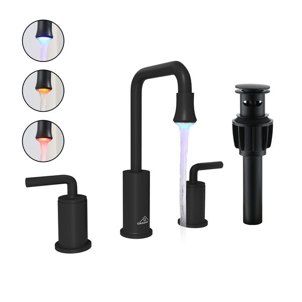 8 in. Widespread Double Handle Bathroom Faucet with LED Light Temperature Display in Matte Black