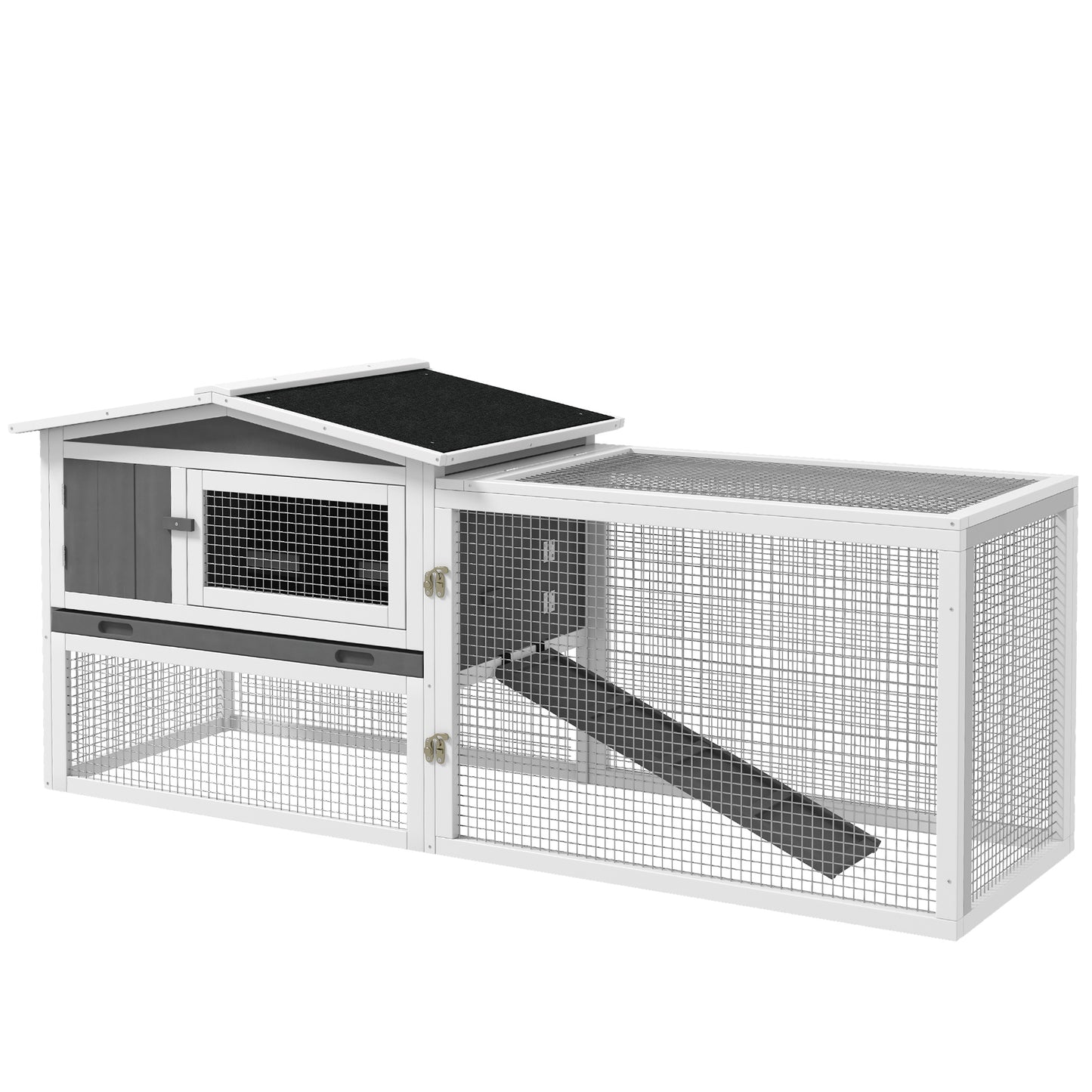 Rabbit Hutch 2-Story Bunny Cage Small Animal House with Slide Out Tray Detachable Run for Indoor Outdoor 61.5inches x 23inches x 27inches Light Gray