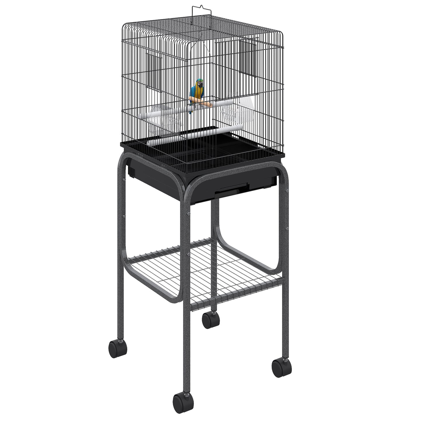 45-inch Metal Indoor Bird Cage Parrot Cage Bird Aviary with Detachable Rolling Stand Storage Basket and Accessories - Black