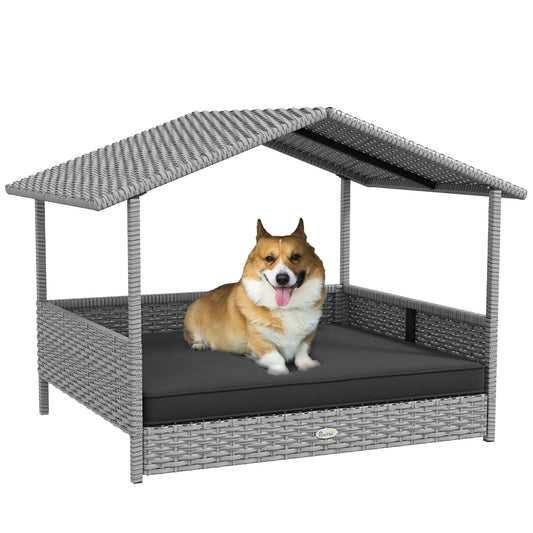 Wicker Dog House Outdoor with Canopy Rattan Dog Bed with Water-resistant Cushion for Small and Medium Dogs Gray