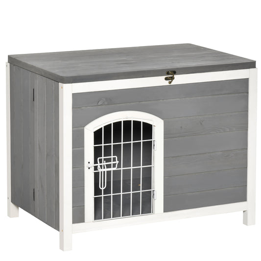 Foldable Wooden Dog House Raised Puppy Cage Kennel Cat Shelter for Indoor & Outdoor w/ Lockable Door Openable Roof Removable Bottom for Small and Medium Pets Grey