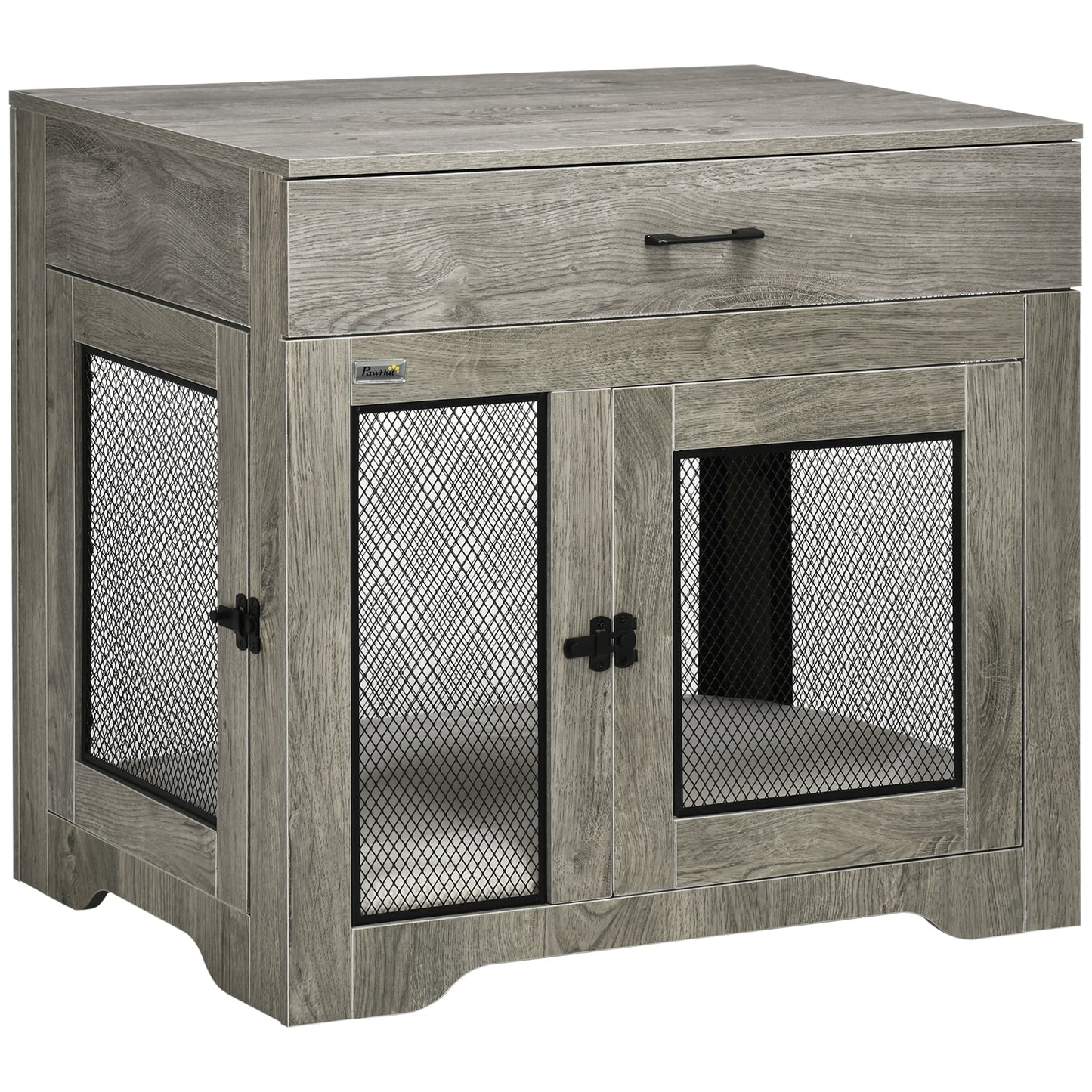 Dog Crate Furniture with Soft Water-Resistant Cushion, Dog Crate End Table with Drawer, Puppy Crate for Small Dogs Indoor with 2 Doors, Grey