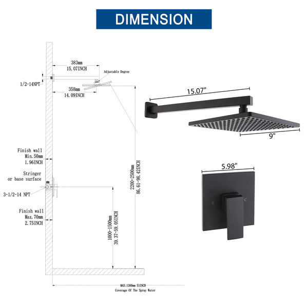 Single-Handle 1-Spray Pattern 10 in. with 1.8 GPM Wall Mount Square Shower Faucet in Brushed Nickel/Chrome/Matte Black (Valve Included)