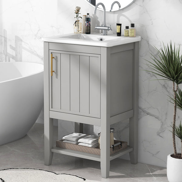 20" Bathroom Vanity with Sink, Bathroom Cabinet with Soft Closing Door, Storage Rack and Open Shelf, Grey/White