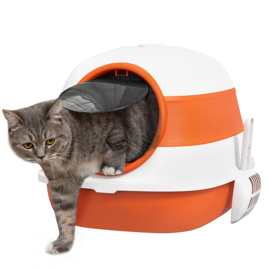 Cat Litter Box with Lid, Covered Litter Box w/ High Sides, Air Freshener, Large Two-Way Entrance Kitty Litter Box, Foldable, Easy Clean, Orange, and Black