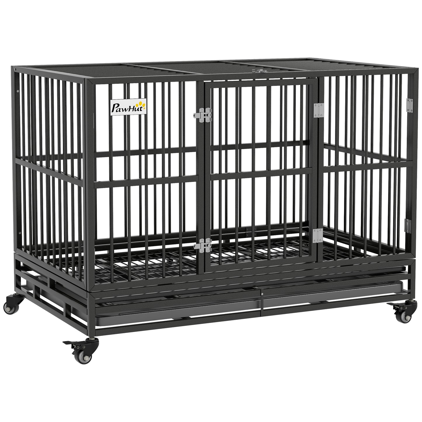 48inches Heavy Duty Dog Crate Metal Cage Kennel with Lockable Wheels Double Door and Removable Tray Gray