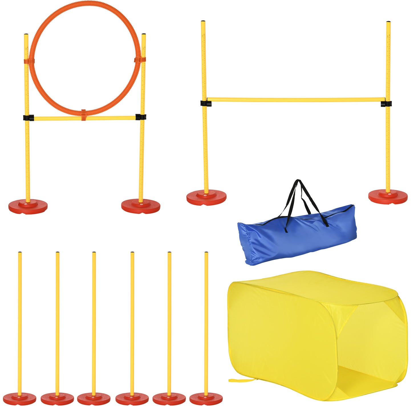 4-Piece Dog Agility Training Equipment Doggie Obstacle Course with Tunnel Hurdle Bar Hoop Weave Poles and Easy Carry Case