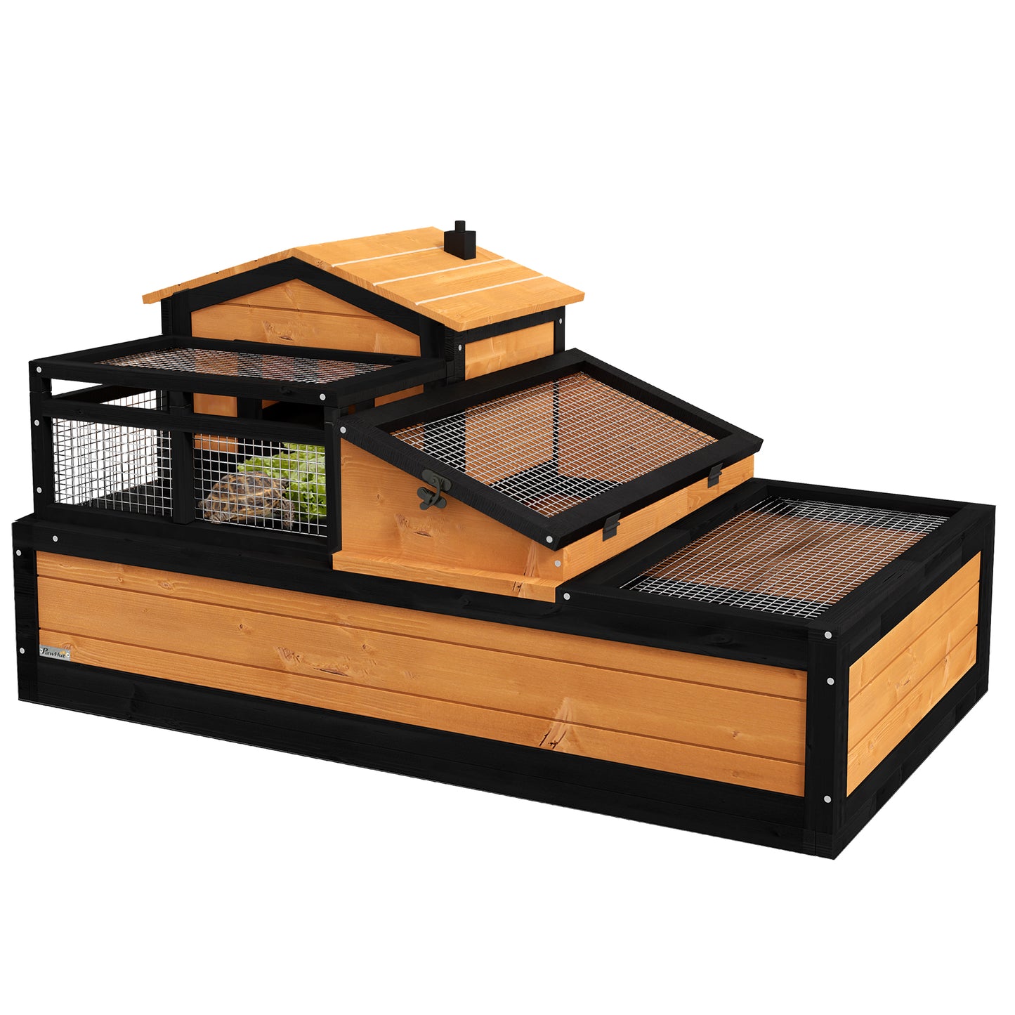 3-Room Tortoise House Habitat with Balcony & 2 Stories, Indoor/Outdoor Wooden Tortoise Enclosure with Ladder, Tray, Openable Roof, Large Reptile Cage, 44inches x 25.5inches x 23inches, Yellow