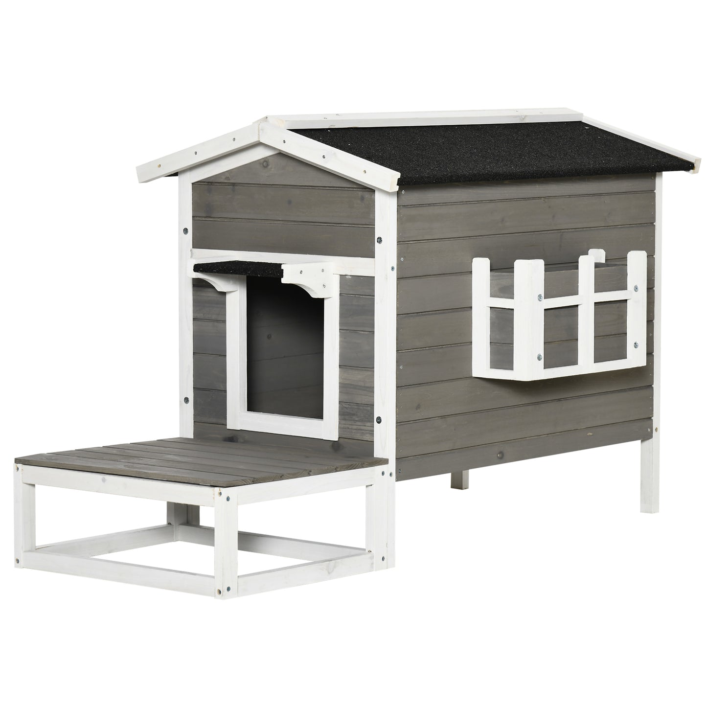 Wooden Cat House Outdoor with Door Weatherproof 2-Floor Cat Shelter with Asphalt Roof Balcony Dark Gray