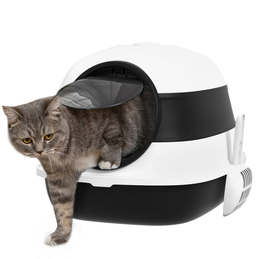 Cat Litter Box with Lid, Covered Litter Box w/ High Sides, Air Freshener, Large Two-Way Entrance Kitty Litter Box, Foldable, Easy Clean, White, and Black