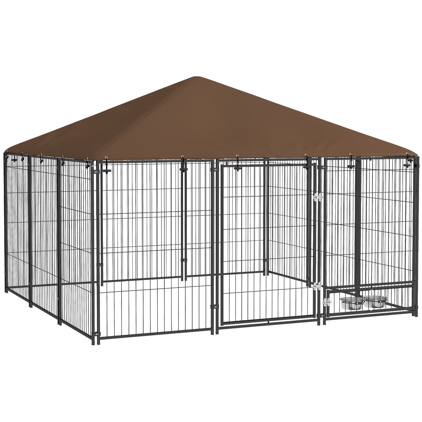 Outside Dog Kennel 6.9ft x 6.9ft x 5ft Puppy Play Pen with Canopy Garden Playpen Fence Crate Enclosure Cage Rotating Bowl Coffee