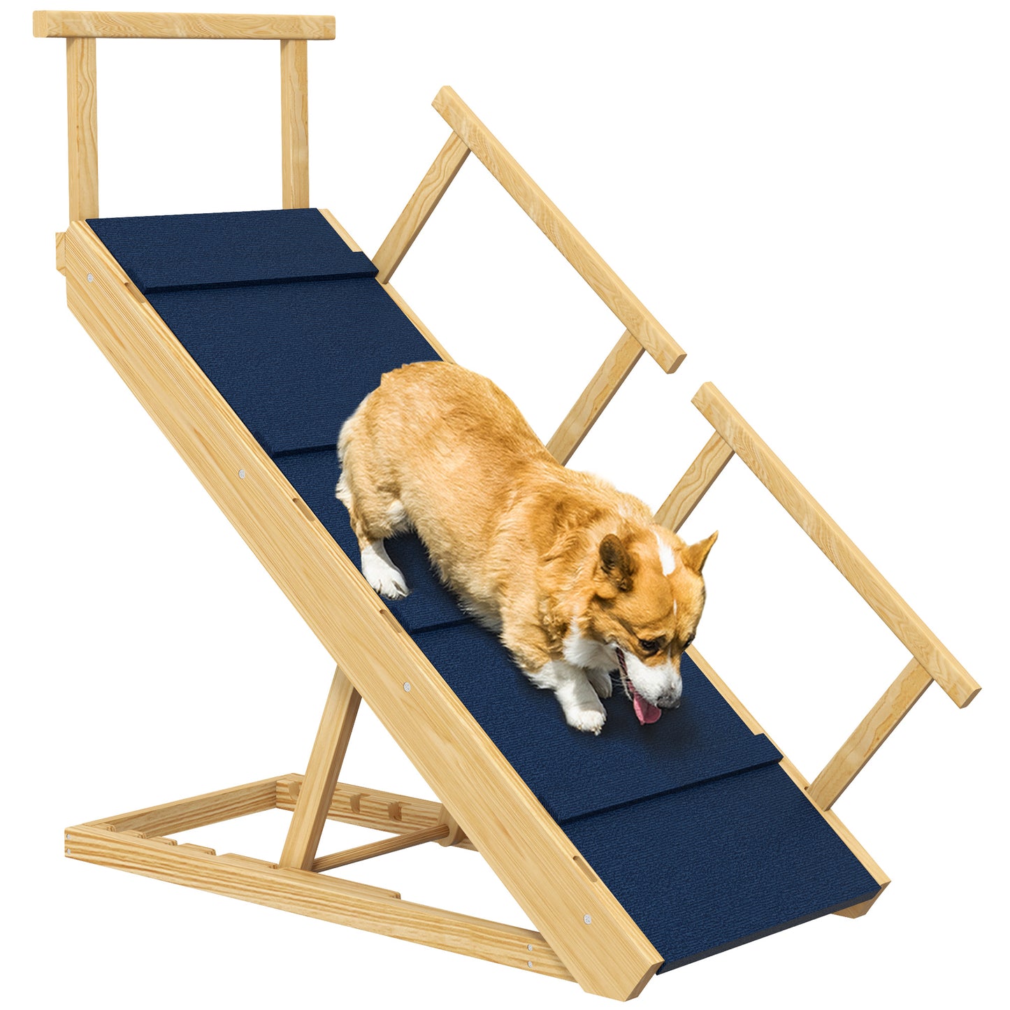 Dog Ramp Adjustable 4 Height Pet Ramp Foldable Wooden Dog Stairs with Non-slip Mat for Small to Large Dogs to Get on High Bed or Sofa Couch Natural Wood Finish