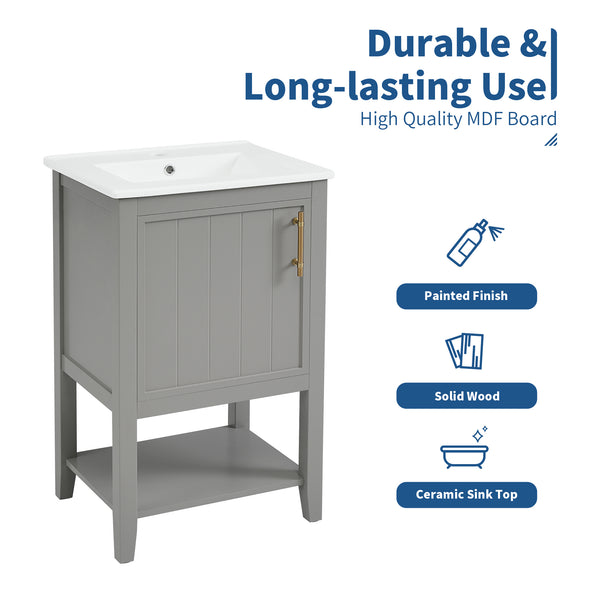 20" Bathroom Vanity with Sink, Bathroom Cabinet with Soft Closing Door, Storage Rack and Open Shelf, Grey/White