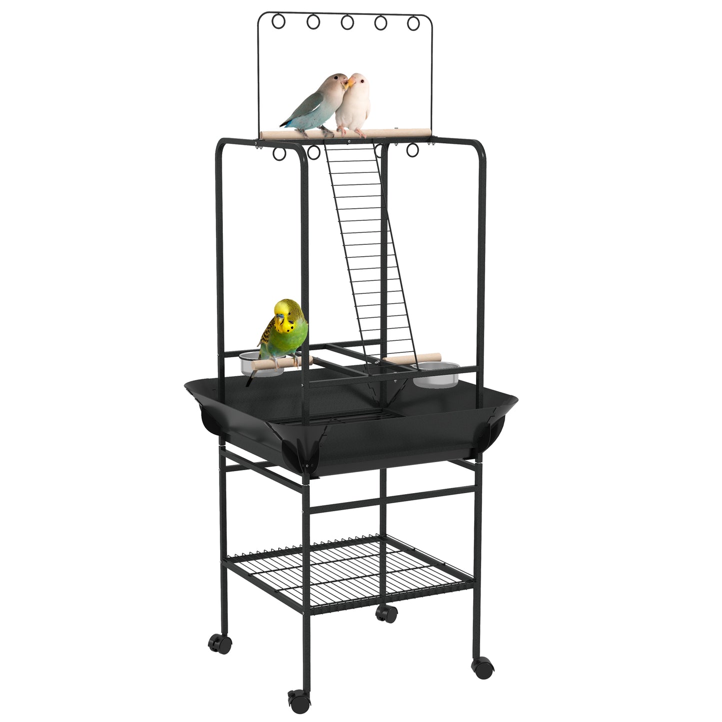 Bird Stand with Wheels, Parrot Stand with Perches, Stainless Steel Feed Bowls, Pull-Out Tray, Toy Hanger, Bird Play Stand for Indoor Outdoor Small Parrot, Dark Gray