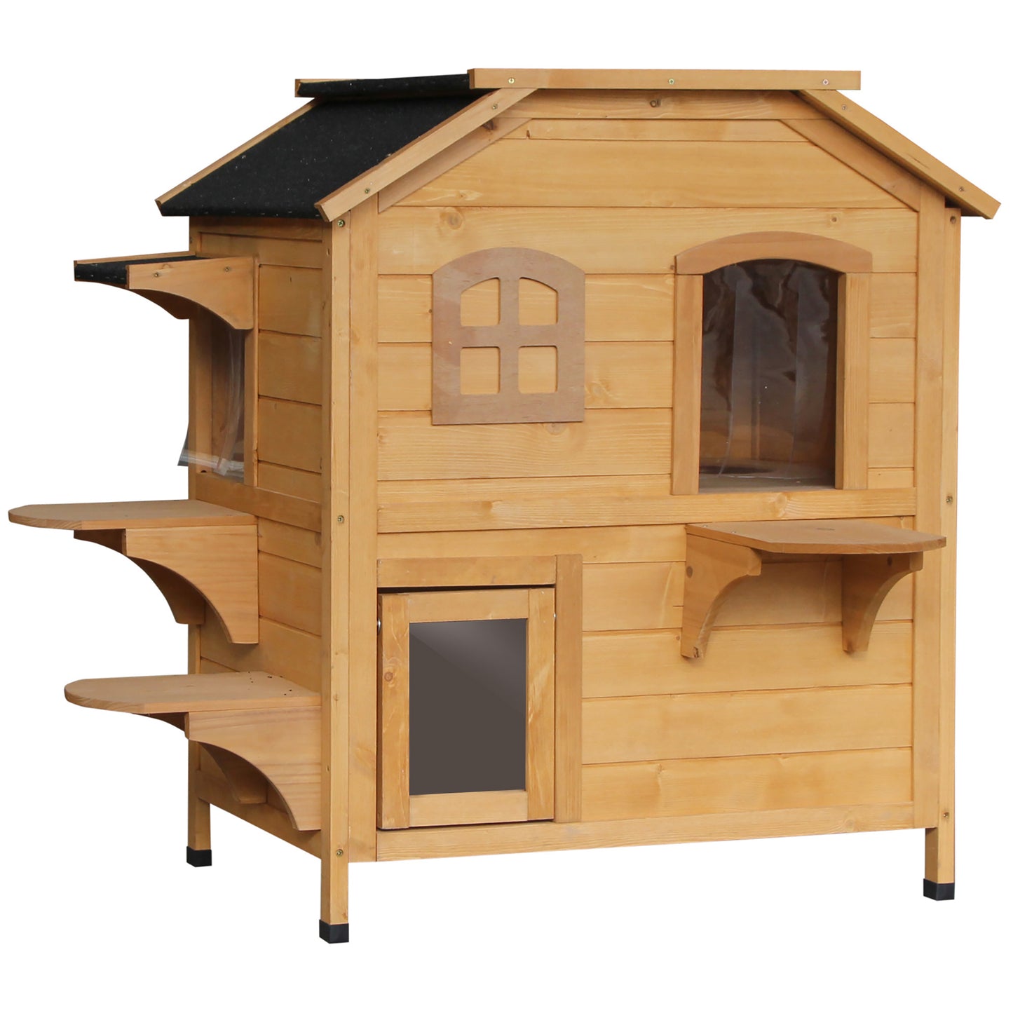 2-story Cat House Outdoor, Weatherproof Wooden Cat Enclosure for Feral Cats with Escape Door, Openable Roof, Jumping Platforms, Natural