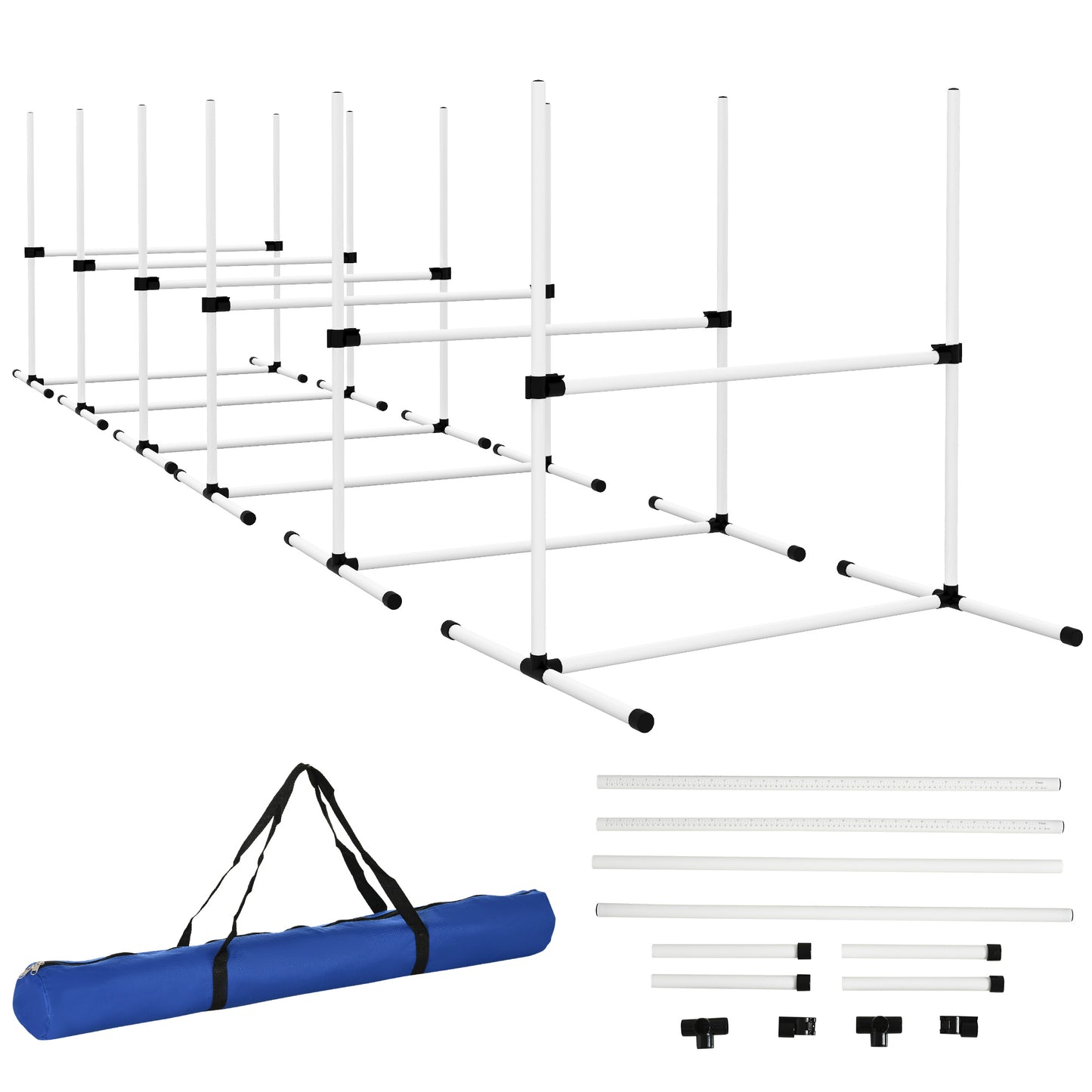 6 Piece Dog Agility Training Equipment for Dog Agility Course with Adjustable Height Jump Bars Included Carry Bag & Displacing Top Bar White