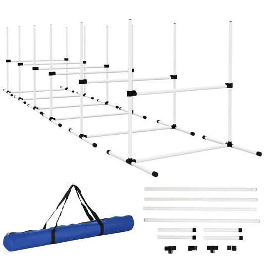 6 Piece Dog Agility Training Equipment for Dog Agility Course with Adjustable Height Jump Bars Included Carry Bag & Displacing Top Bar White