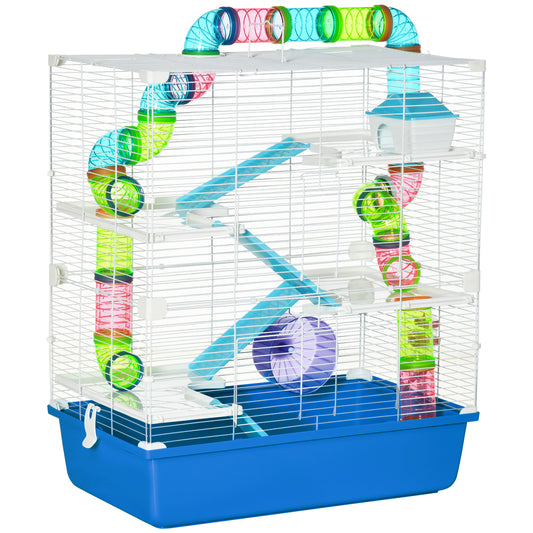 Extra Large 23inches Hamster Cage with Tubes and Tunnels Portable Carry Handles Rat House and Habitats Big 5-Tier Design Includes Exercise Wheel Water Bottle Food Dish Blue