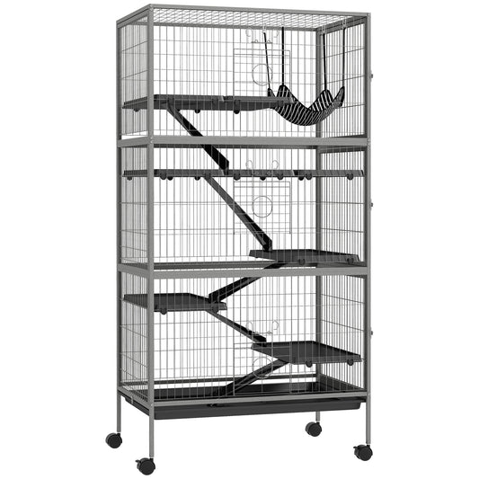 63inches 6-Tier Small Animal Cage, Ferret Cage, Large Chinchilla Cage with Hammock Accessory & Heavy-Duty Steel Wire, Small Animal Habitat with 6 Doors, Removable Tray, Gray