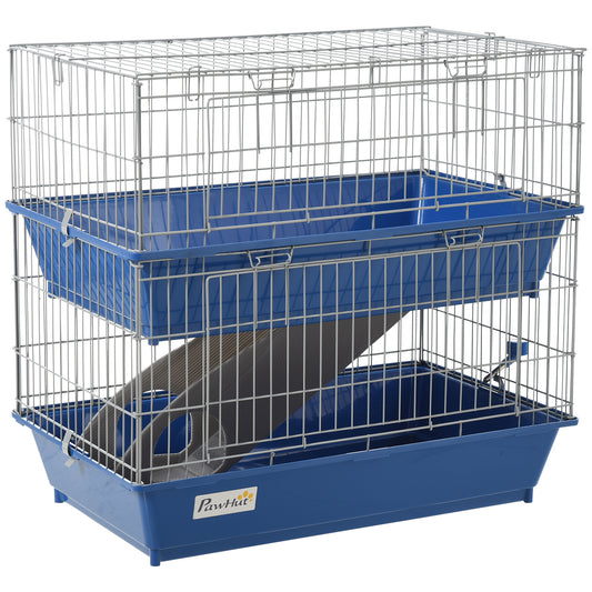 2-Tier Guinea Pig Cage Ferret Cage Chinchilla Cage Small Animal Cage Indoor with Dish and Bottle 2 Doors Deep Bottoms Ramp 28inches Blue