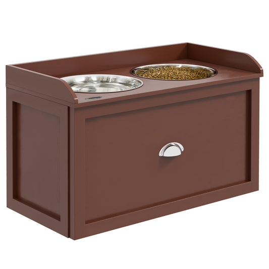 Dog Feeding Station with Storage Drawer Dog Food Storage Cabinet with 2 Removable Elevated Dog Bowls for Large Sized Dogs Brown