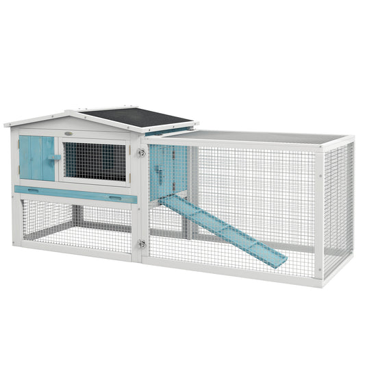 Rabbit Hutch 2-Story Bunny Cage Small Animal House with Slide Out Tray Detachable Run for Indoor Outdoor 61.5inches x 23inches x 27inches Light Blue