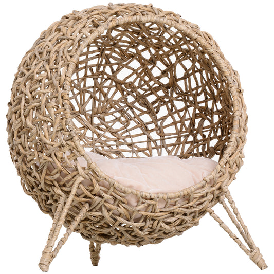 20.5inches Weaved Cat Bed, Elevated Hand-woven Braided Banana Leaf Kitten House Condo with Cushion, Beige