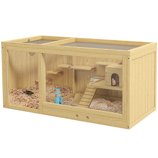 Wooden Hamster Cage Extra Large Gerbil Cage Multi-Layer Small Animal Cage for Dwarf Hamster Activity Center with Pull-out Tray Seesaws Water Bottle Ladder Openable Top