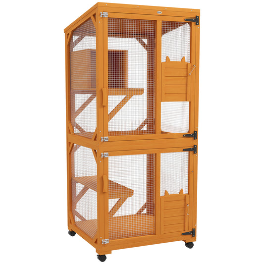 Large Cat House with High-Up Resting Box 71inches Wooden Catio with Asphalt Roof Indoor & Outdoor Cat Enclosure on Wheels for 1-3 Cats Orange