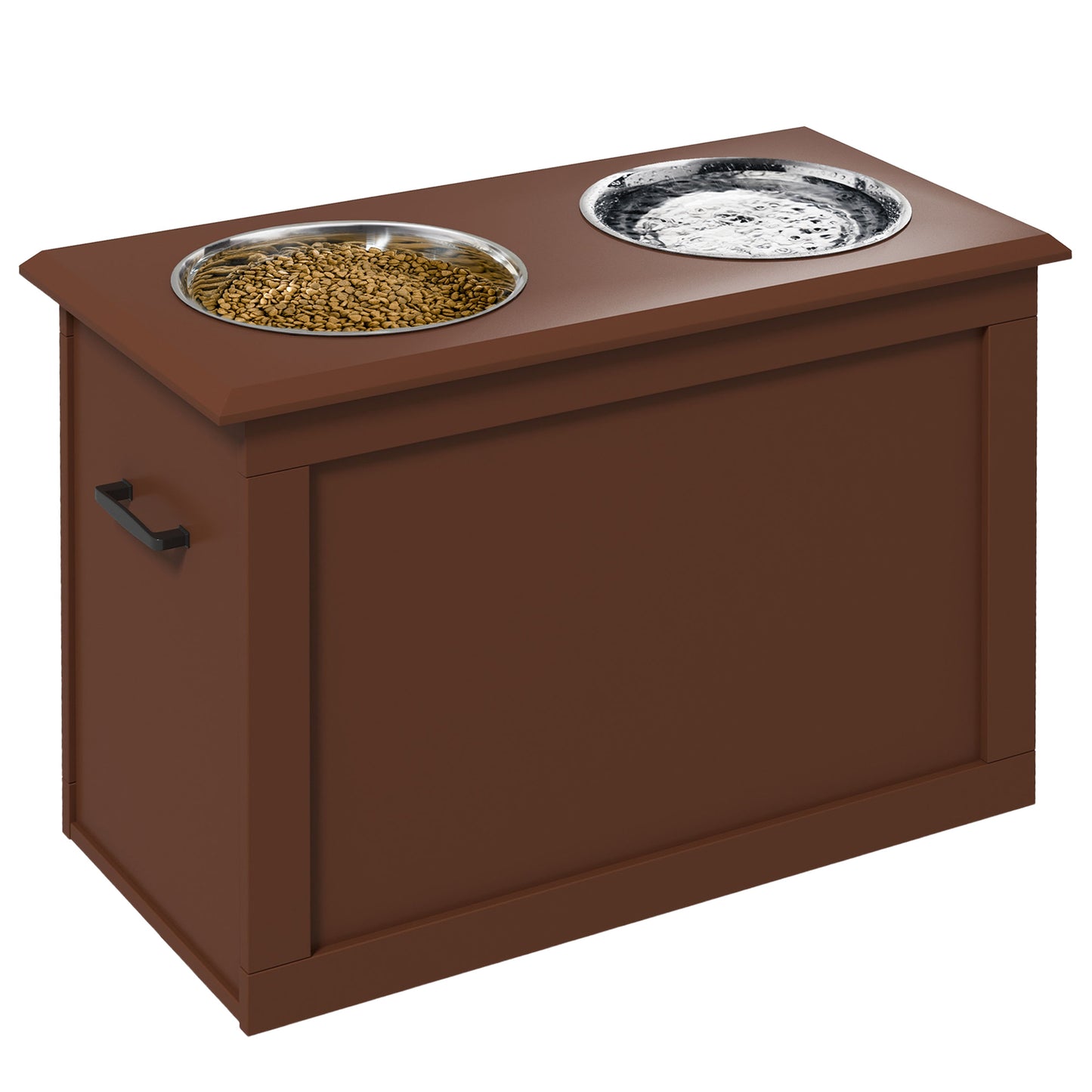 Raised Pet Feeding Storage Station with 2 Stainless Steel Bowls Base for Large Dogs and Other Large Pets Brown