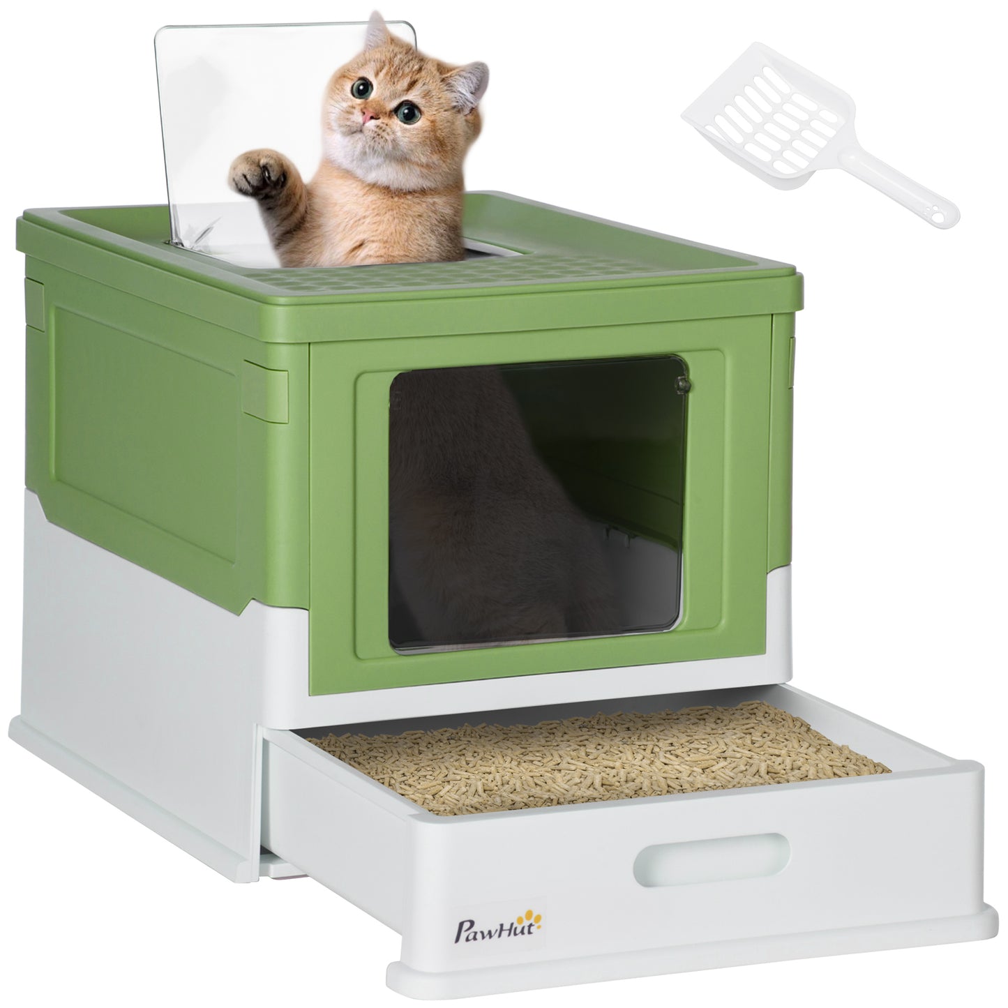 Fully Enclosed Cat Litter Box with Scoop Hooded Cat Litter House with Drawer Type Tray Foldable Smell Proof Cat Potty with Front Entry Top Exit Large Space Yellowish Green